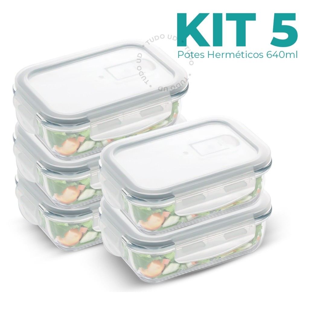 Conjunto 5 Potes 640ml Vidro 4 Travas Marmita Hermético