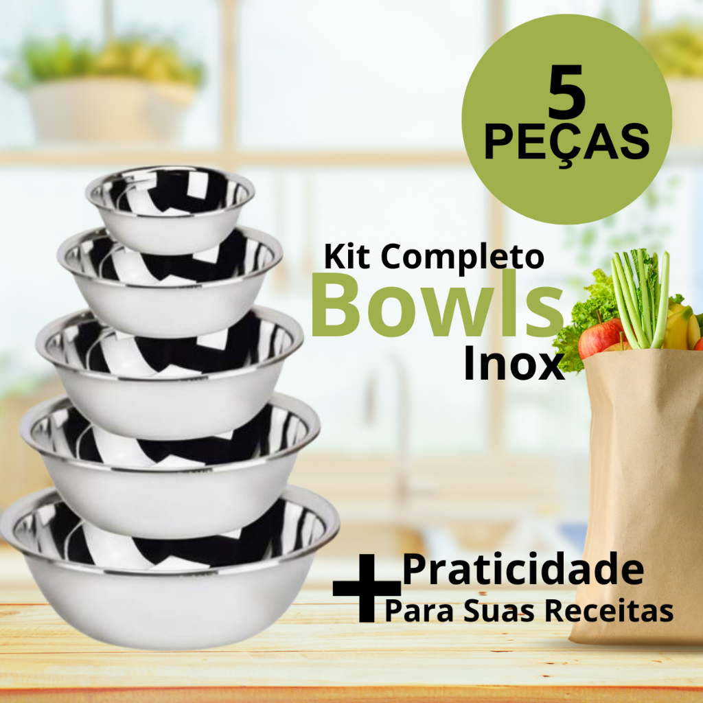 Conjunto Kit 5 Bowls Inox Tigelas Panela Saladeira Multiuso Inox Cozinha Saladas