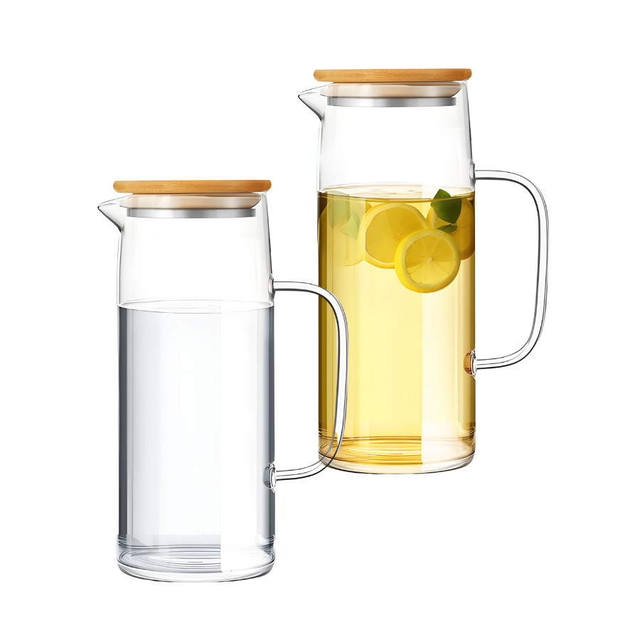 Jarra De Vidro Borossilicato Com Tampa Bambu Agua Suco 1l