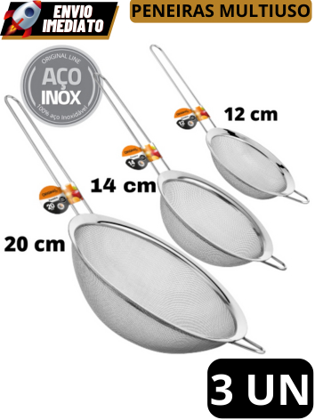 Kit 03 Peneira Coador Manual Em Aço Inox Para Cozinha 12cm 14cm 20cm