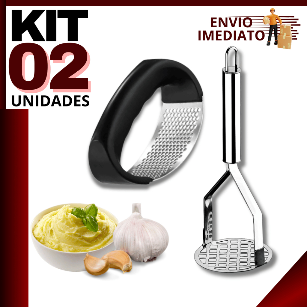 Kit 2 Peças Amassador de Batata | Legumes e Espremedor de Alho em Aço Inox