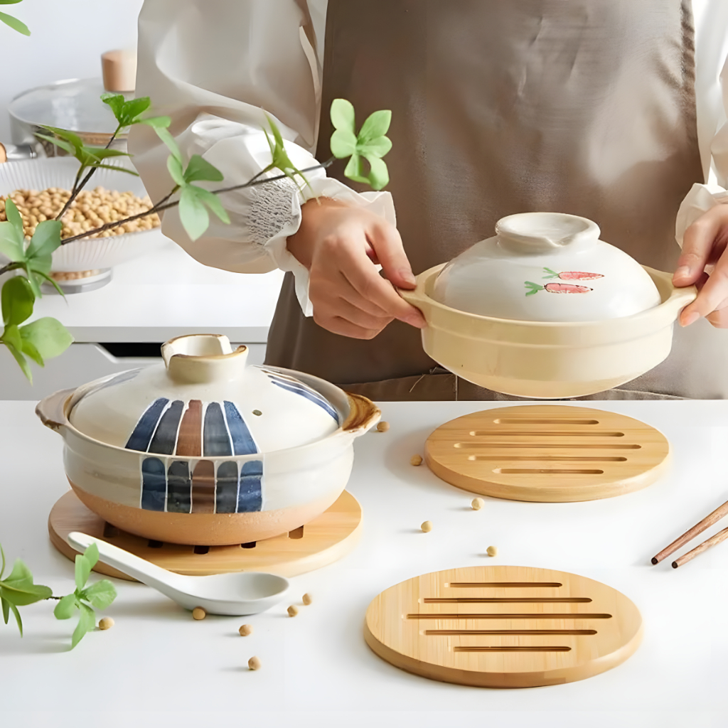 Kit 4 Descanso Porta Panela Suporte Antiderrapante Bamboo Bambu ecologico Base Termica Prato Quente