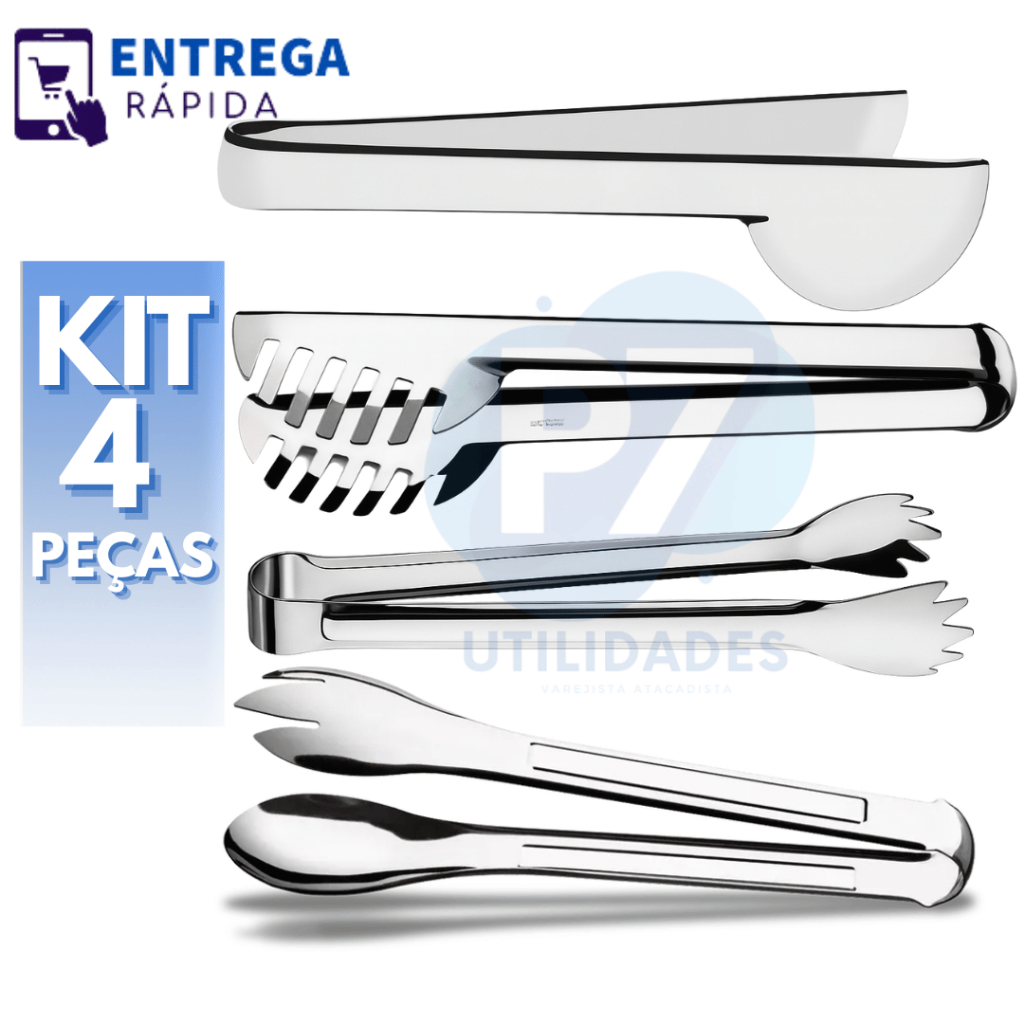 Kit 4 Utensílios para Cozinha Inox Pegador de Massa 20cm Universal 20cm Salada 20cm Gelo 18,5cm